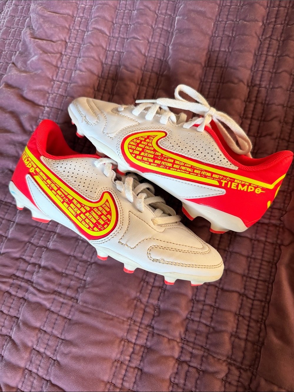 Nike Kids Tiempo Soccer Cleats - White, Red & Yellow